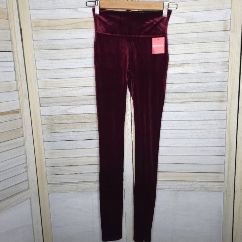 NEW SPANX RICH BURGUNDY HIGH WAIST VELVET VELOUR LEGGINGS PANTS SIZE XS SKINNY